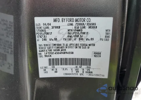 2004 Ford F150 из США, поврежденный, VIN 1FTPX14504NB94558